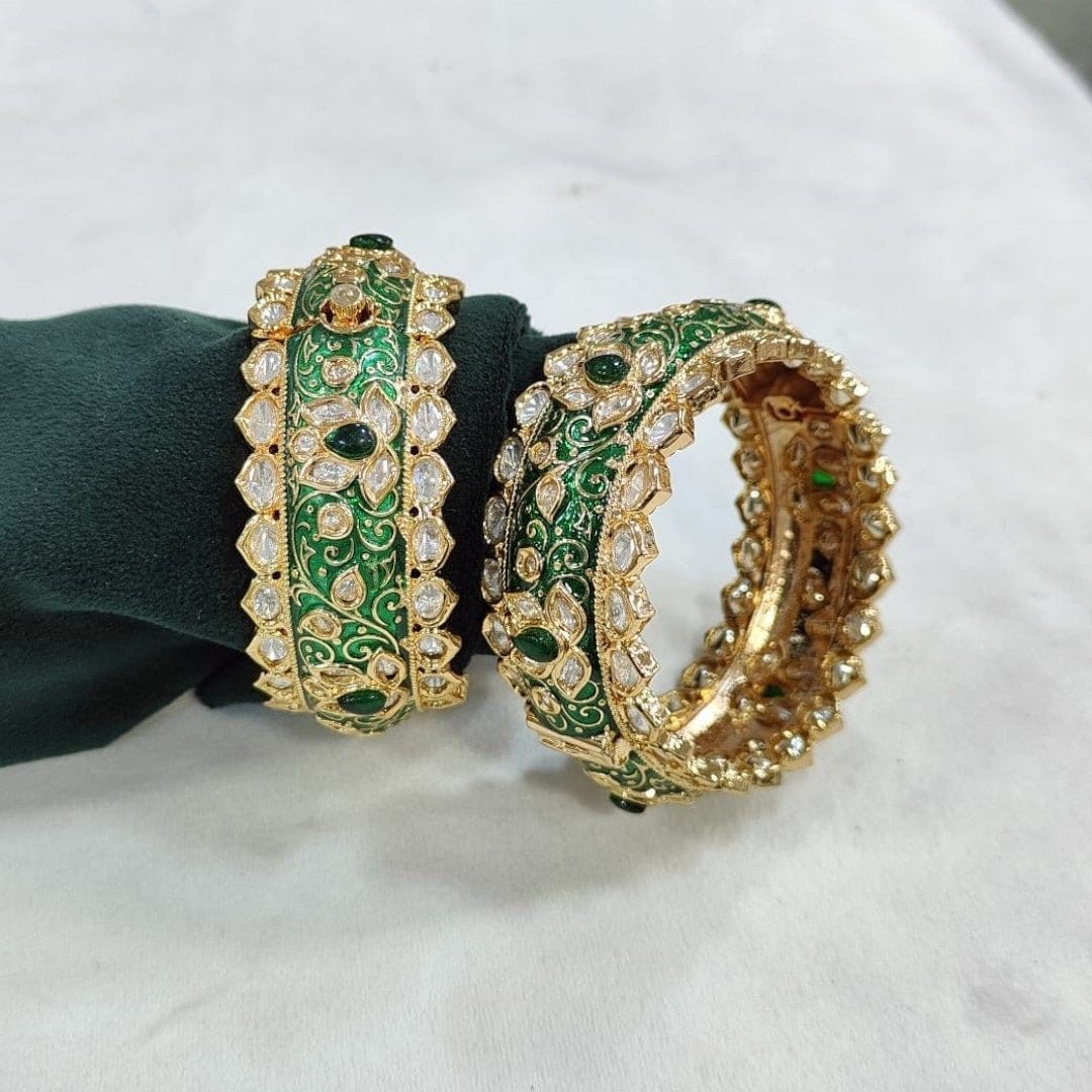 Green Enamel Gold - Plated Stone - Studded Bangles for Women - Auraa Trends - Bangles -  - Auraa Trends - Green Enamel Gold - Plated Stone - Studded Bangles for Women