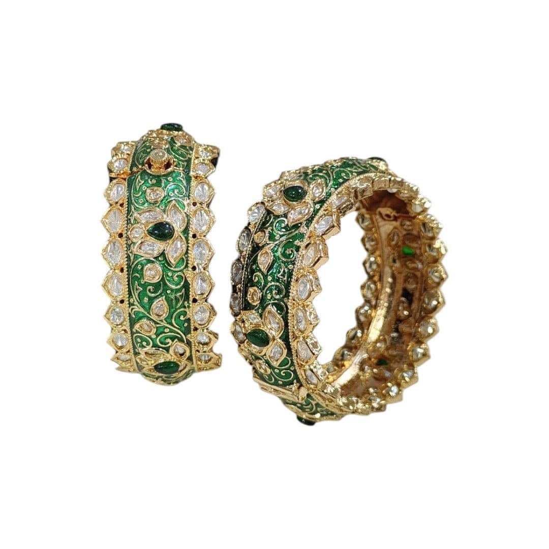 Green Enamel Gold - Plated Stone - Studded Bangles for Women - Auraa Trends - Bangles -  - Auraa Trends - Green Enamel Gold - Plated Stone - Studded Bangles for Women