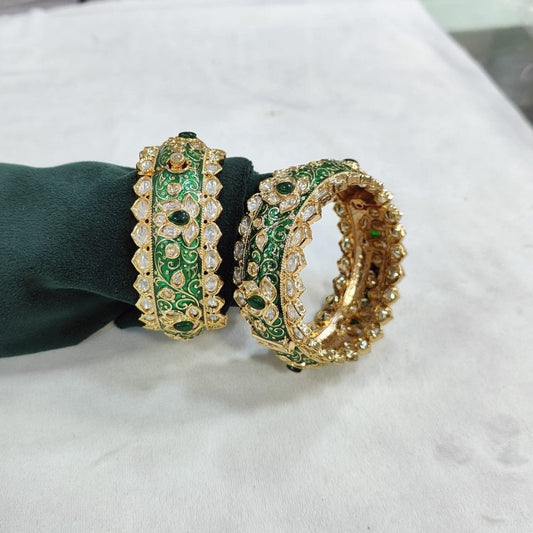Green Enamel Gold - Plated Stone - Studded Bangles for Women - Auraa Trends - Bangles -  - Auraa Trends - Green Enamel Gold - Plated Stone - Studded Bangles for Women