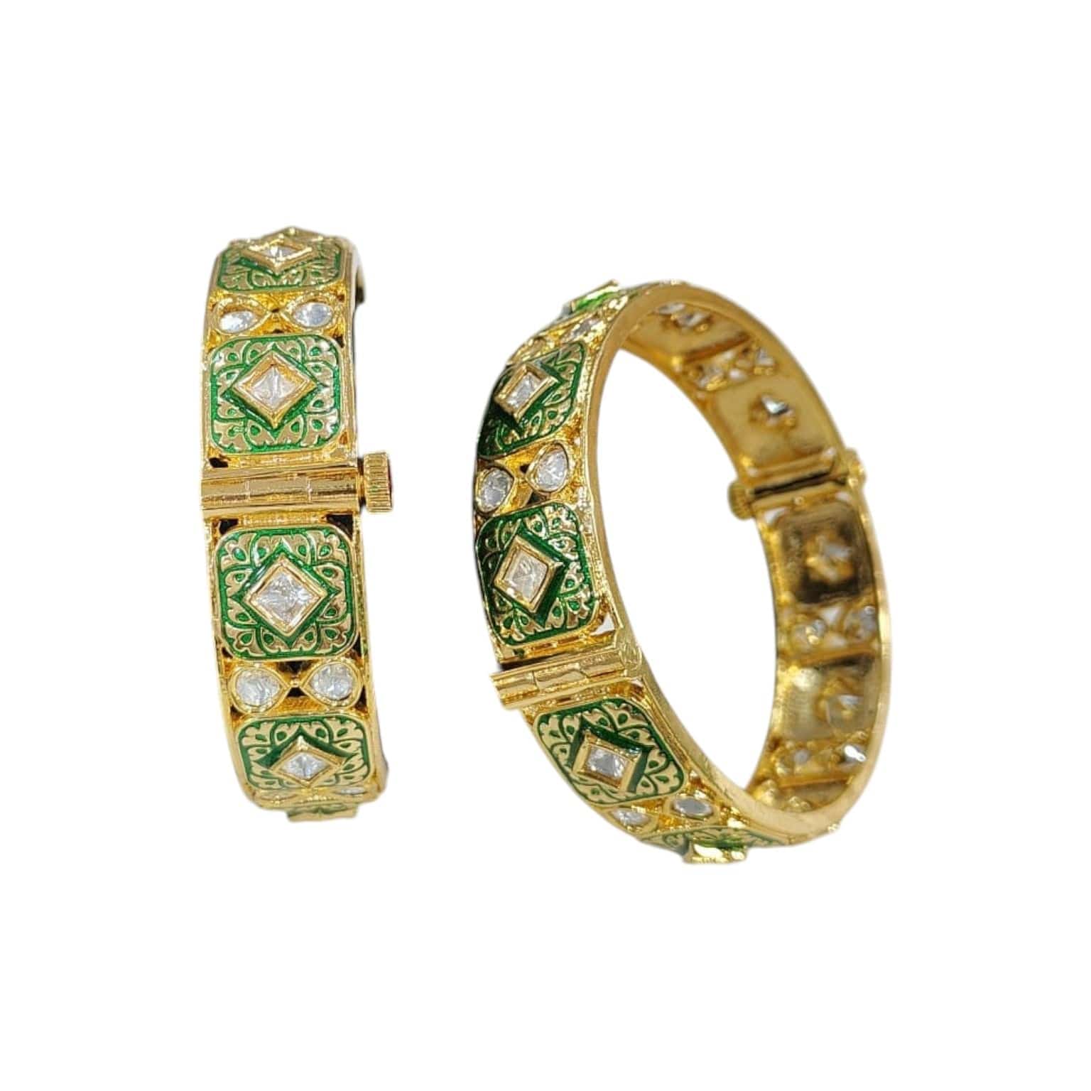 Green Enamel Gold - Plated Stone - Studded Openable Bangles for Women - Auraa Trends - Bangles -  - Auraa Trends - "Gold - plated green enamel stone - studded openable bangles – traditional festive jewelry for women"