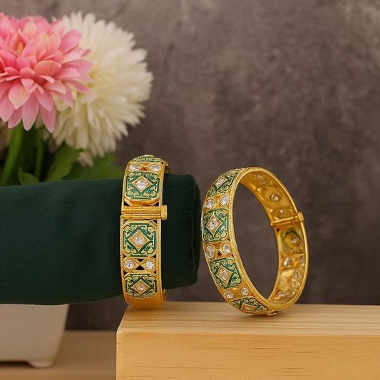 Green Enamel Gold - Plated Stone - Studded Openable Bangles for Women - Auraa Trends - Bangles -  - Auraa Trends - "Gold - plated green enamel stone - studded openable bangles – traditional festive jewelry for women"