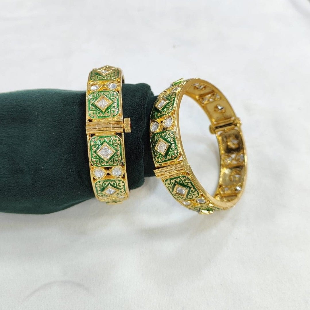 Green Enamel Gold - Plated Stone - Studded Openable Bangles for Women - Auraa Trends - Bangles -  - Auraa Trends - "Gold - plated green enamel stone - studded openable bangles – traditional festive jewelry for women"
