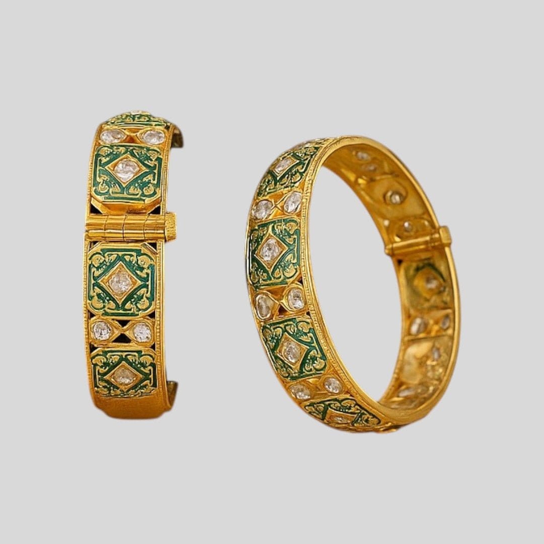 Green Enamel Gold - Plated Stone - Studded Openable Bangles for Women - Auraa Trends - Bangles -  - Auraa Trends - "Gold - plated green enamel stone - studded openable bangles – traditional festive jewelry for women"