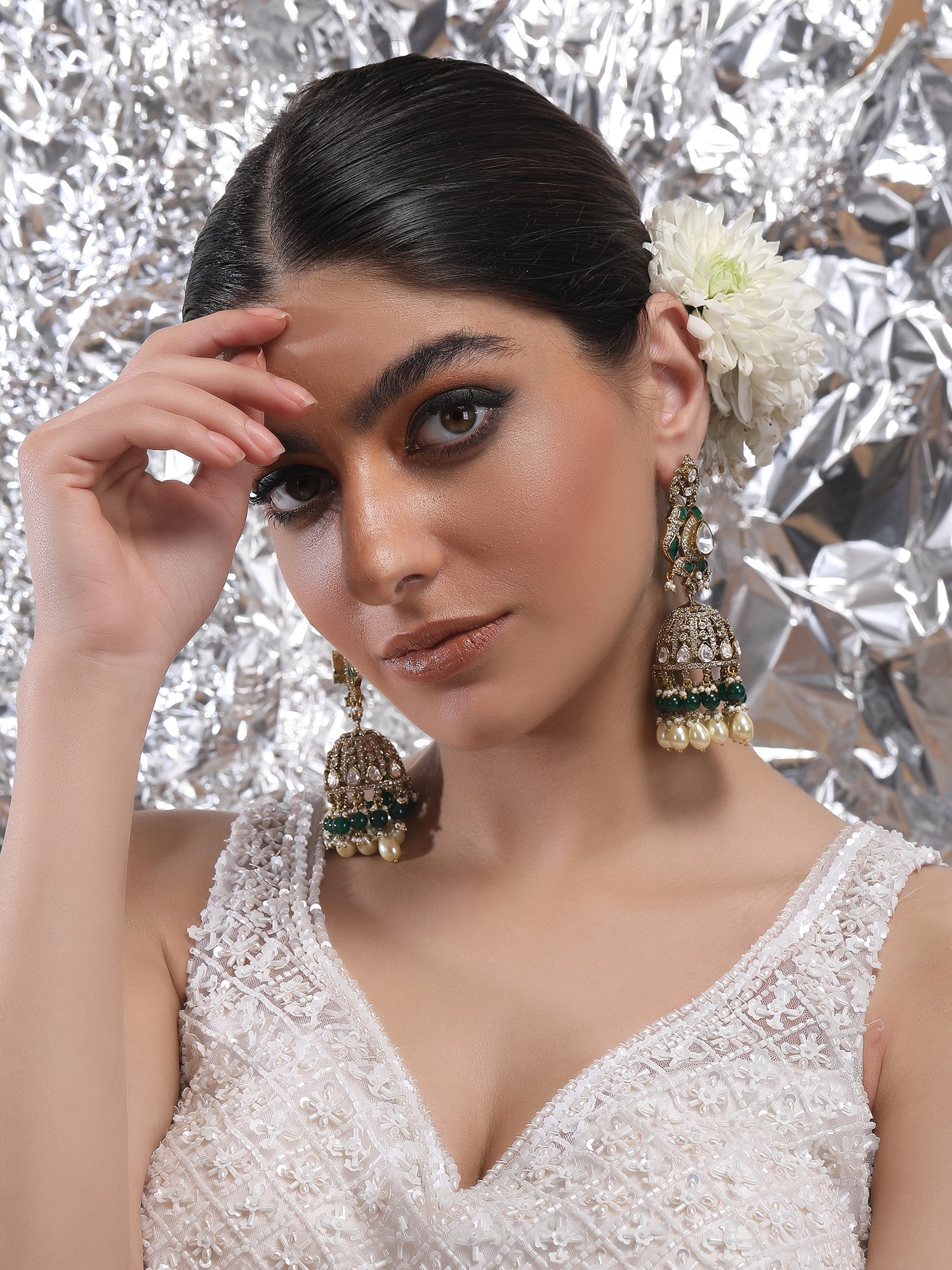 Green & Gold Polki Jhumka Earrings With Jade Tumbles - Auraa Trends - Jhumka - Aura Trends Auraa Trends Best Sellers