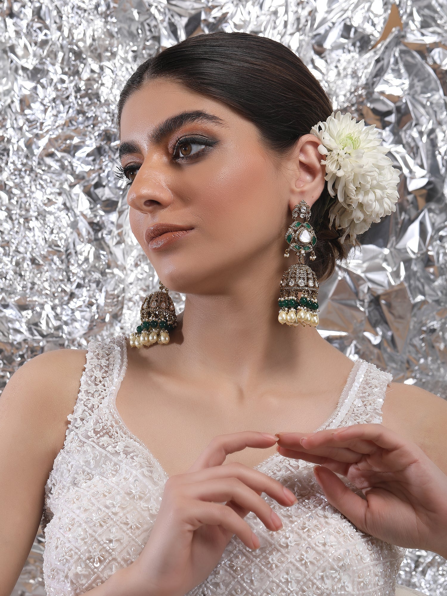 Green & Gold Polki Jhumka Earrings With Jade Tumbles - Auraa Trends - Jhumka - Aura Trends Auraa Trends Best Sellers