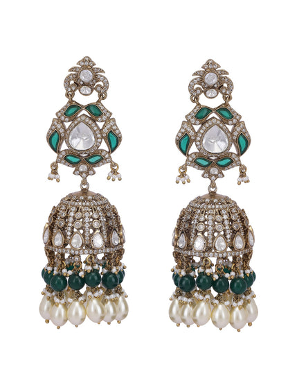Green & Gold Polki Jhumka Earrings With Jade Tumbles - Auraa Trends - Jhumka - Aura Trends Auraa Trends Best Sellers