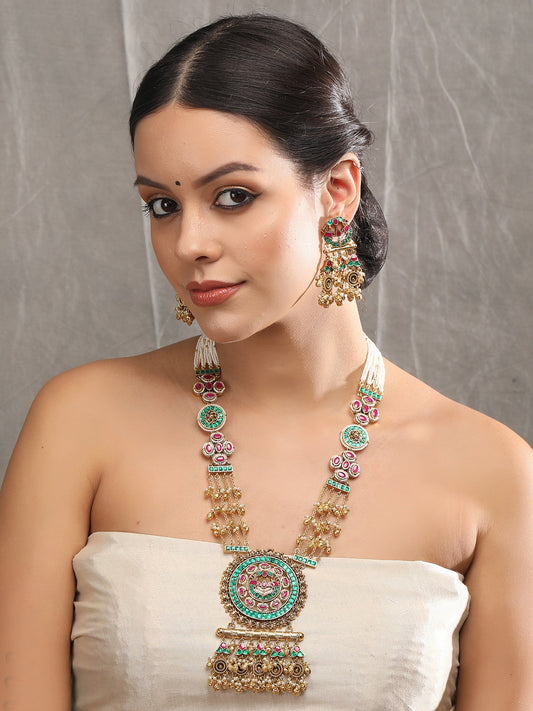 Green Kundan Beaded Rani Haar Necklace Set with Matching Earrings - Auraa Trends - Rani Haar - Rani Haar Fashion Jewellery