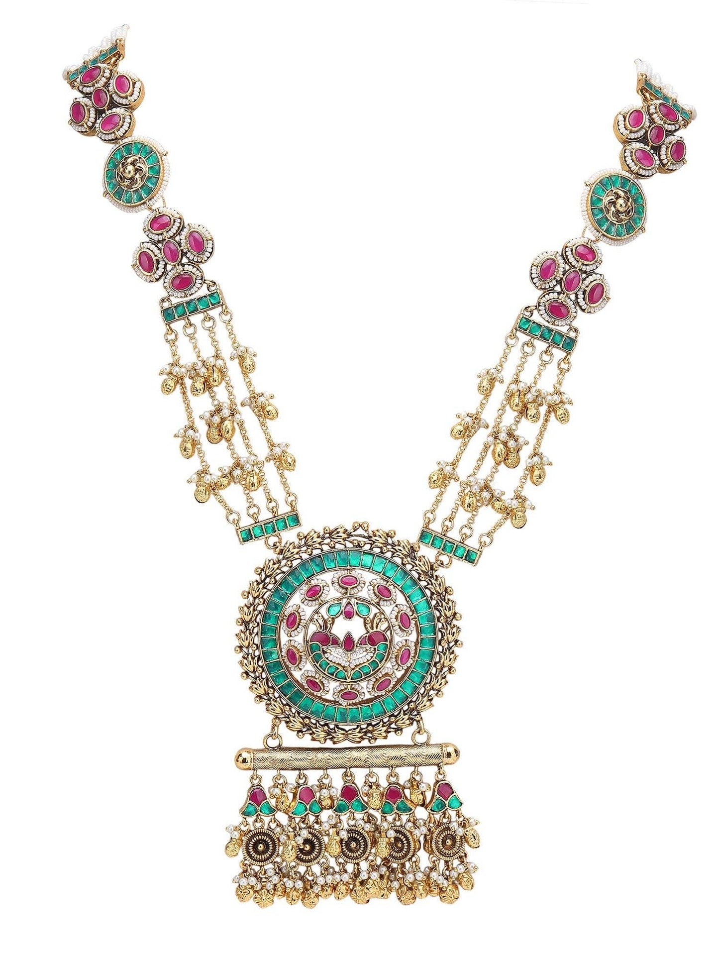Green Kundan Beaded Rani Haar Necklace Set with Matching Earrings