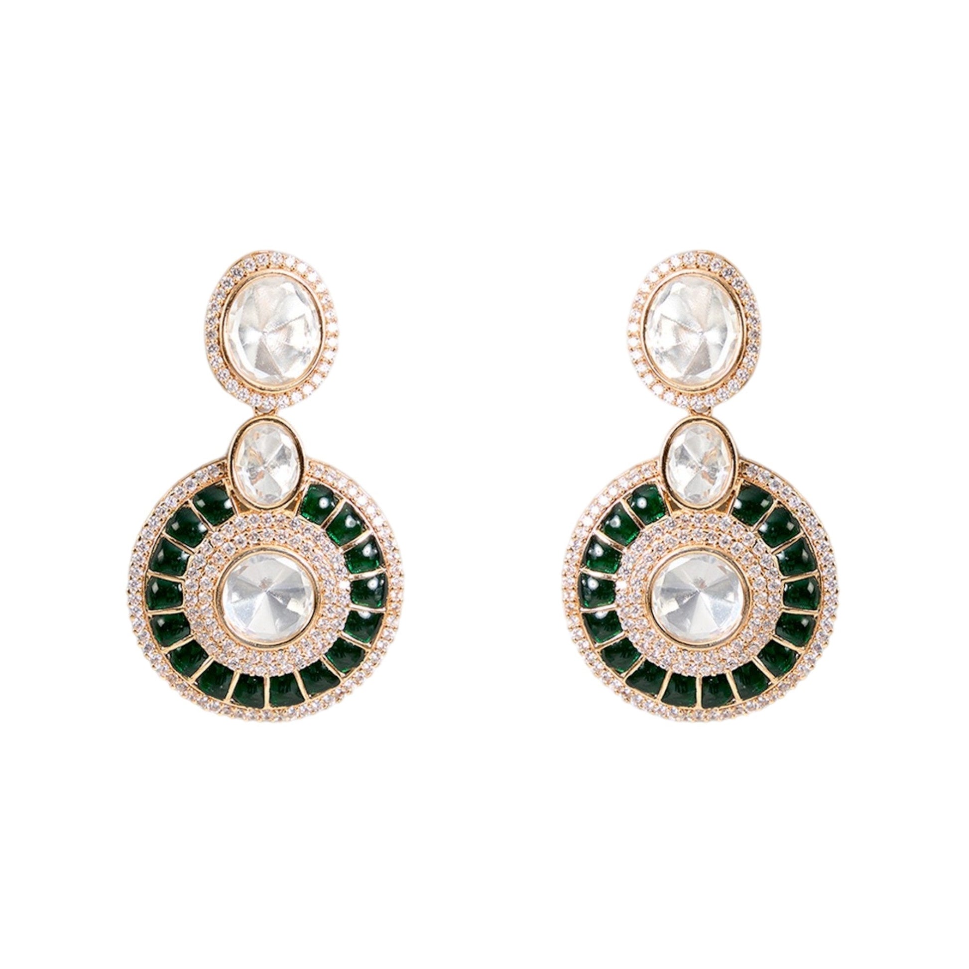 Green Kundan Choker Necklace Set with White Stones & Earrings for Bridal and Ethnic Wear - Auraa Trends - Necklace -  - Auraa Trends - Green enamel kundan choker necklace with white stones and earrings” “Traditional gold - tone bridal choker with pearl strands and kundan detailing” “Indian wedding jewelry set with green and white kundan stones”