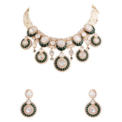 Green Kundan Choker Necklace Set with White Stones & Earrings for Bridal and Ethnic Wear - Auraa Trends - Necklace -  - Auraa Trends - Green enamel kundan choker necklace with white stones and earrings” “Traditional gold - tone bridal choker with pearl strands and kundan detailing” “Indian wedding jewelry set with green and white kundan stones”