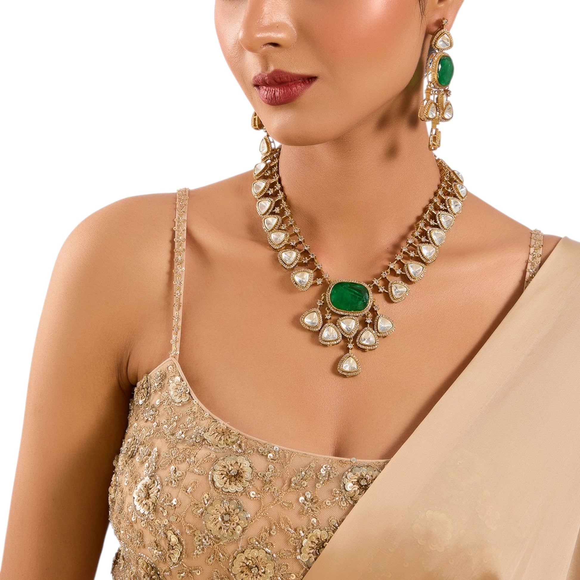 Green Kundan Polki Necklace Set with Earrings | Bridal & Festive Wear Jewelry - Auraa Trends - Necklace -  - Auraa Trends - “Green emerald kundan necklace set with white polki stones and earrings” “Indian bridal jewelry set with green center stone and gold finish” “Traditional kundan necklace with matching earrings for festive wear”
