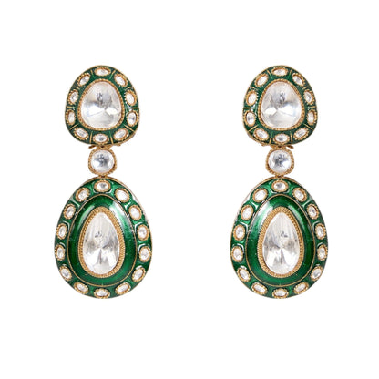 Green Meenakari Kundan Polki Necklace Set with Earrings | Bridal & Festive Jewelry - Auraa Trends - Necklace -  - Auraa Trends - “Double - layer green meenakari kundan polki necklace set with matching earrings” “Indian bridal jewelry set with enamel finish and teardrop stones” “Gold - toned kundan choker set for weddings and festivals”