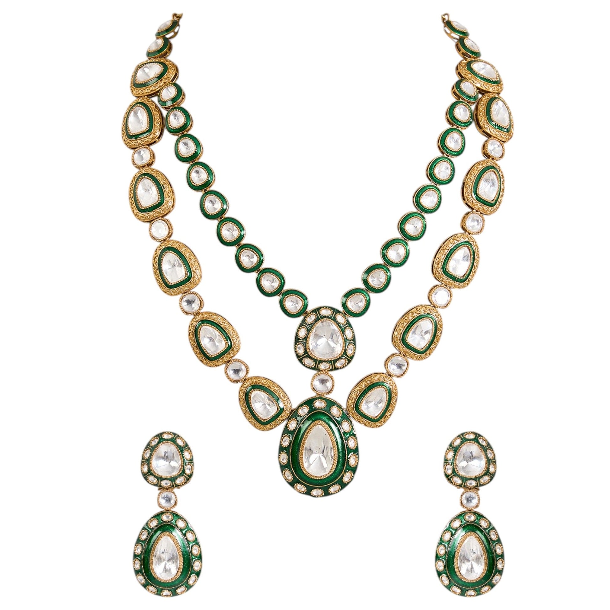 Green Meenakari Kundan Polki Necklace Set with Earrings | Bridal & Festive Jewelry - Auraa Trends - Necklace -  - Auraa Trends - “Double - layer green meenakari kundan polki necklace set with matching earrings” “Indian bridal jewelry set with enamel finish and teardrop stones” “Gold - toned kundan choker set for weddings and festivals”