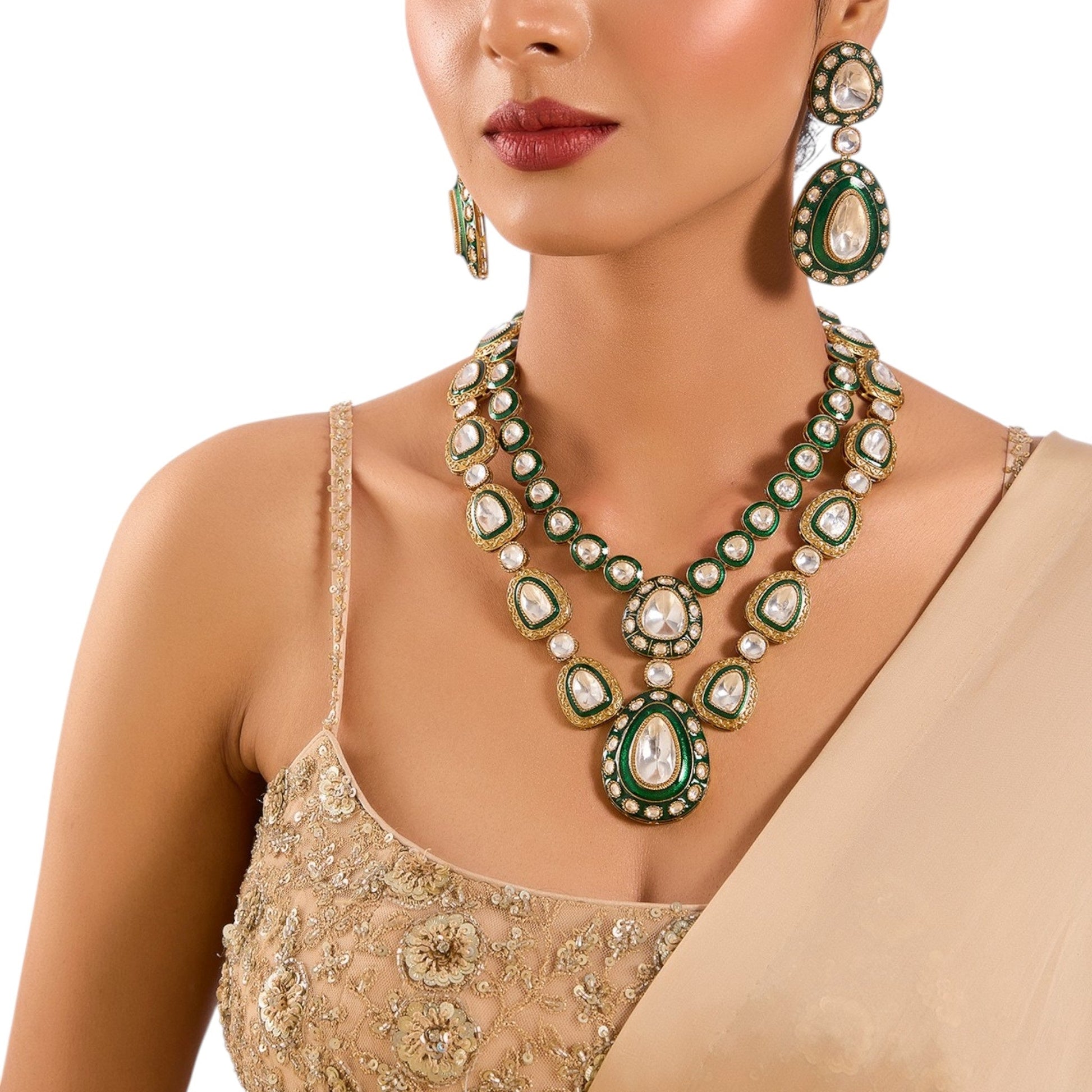 Green Meenakari Kundan Polki Necklace Set with Earrings | Bridal & Festive Jewelry - Auraa Trends - Necklace -  - Auraa Trends - “Double - layer green meenakari kundan polki necklace set with matching earrings” “Indian bridal jewelry set with enamel finish and teardrop stones” “Gold - toned kundan choker set for weddings and festivals”