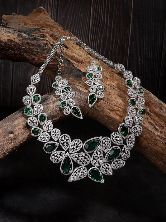 Green Rhodium Plated American Diamond Necklace Set For Women - Auraa Trends - Necklaces - 92.5 Silver Best Sellers Choker