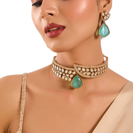 Green stone necklace set, Bridal fashion jewelry - Auraa Trends - Choker - Green stone necklace set, Bridal fashion jewelry