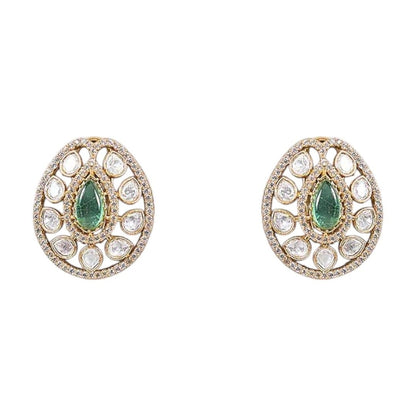 Green Stone & Pearl Embellished Kundan Choker Necklace Set - Auraa Trends - Necklace Set -  - Auraa Trends - Woman wearing green kundan and pearl embellished gold - plated choker necklace set with matching oval earrings – traditional Indian bridal jewelry for weddings or festive occasions.