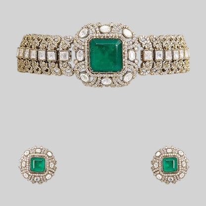 Green Stone Studded Kundan Choker Necklace Set with Matching Earrings for Women - Auraa Trends - Necklace Set -  - Auraa Trends - "Green stone studded kundan choker necklace with matching round earrings – Elegant traditional Indian jewelry set for women"