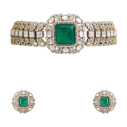 Green Stone Studded Kundan Choker Necklace Set with Matching Earrings for Women - Auraa Trends - Necklace Set -  - Auraa Trends - "Green stone studded kundan choker necklace with matching round earrings – Elegant traditional Indian jewelry set for women"