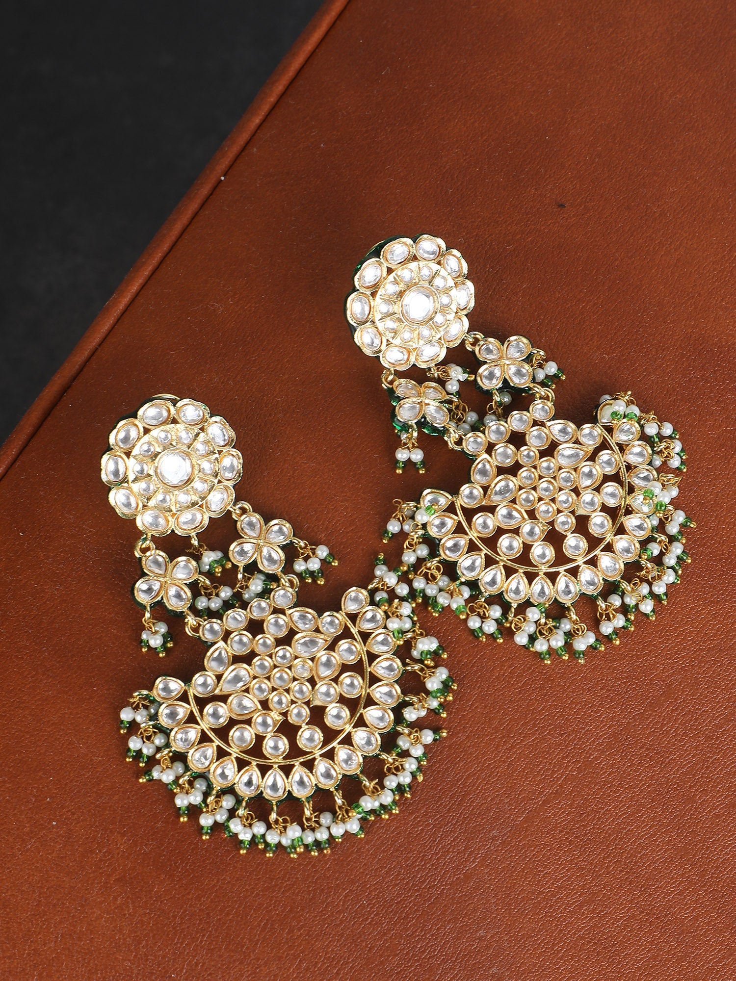 Green & White Chandbaali Earrings with Pearl Accents - Auraa Trends - Chandbali - Chandbali afghan chandbaali buy online