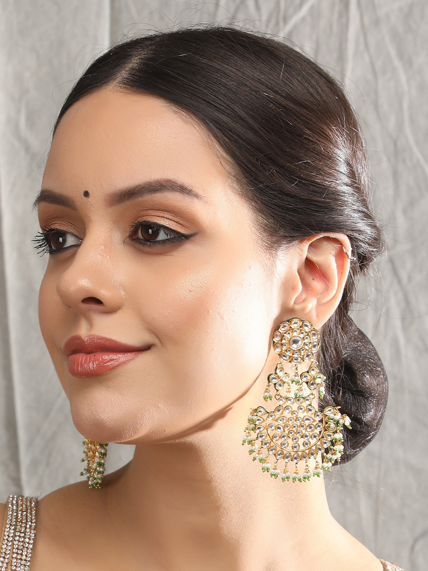 Green & White Chandbaali Earrings with Pearl Accents - Auraa Trends - Chandbali - Chandbali afghan chandbaali buy online
