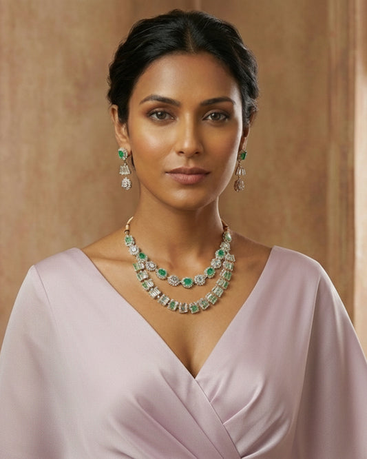 Elegant Gold-Plated Green & White American Diamond Necklace Set with Earrings for Women