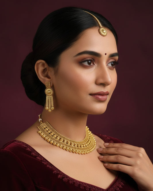 Bridal Gold Plated Kundan Necklace Set with Earrings & Maang Tikka