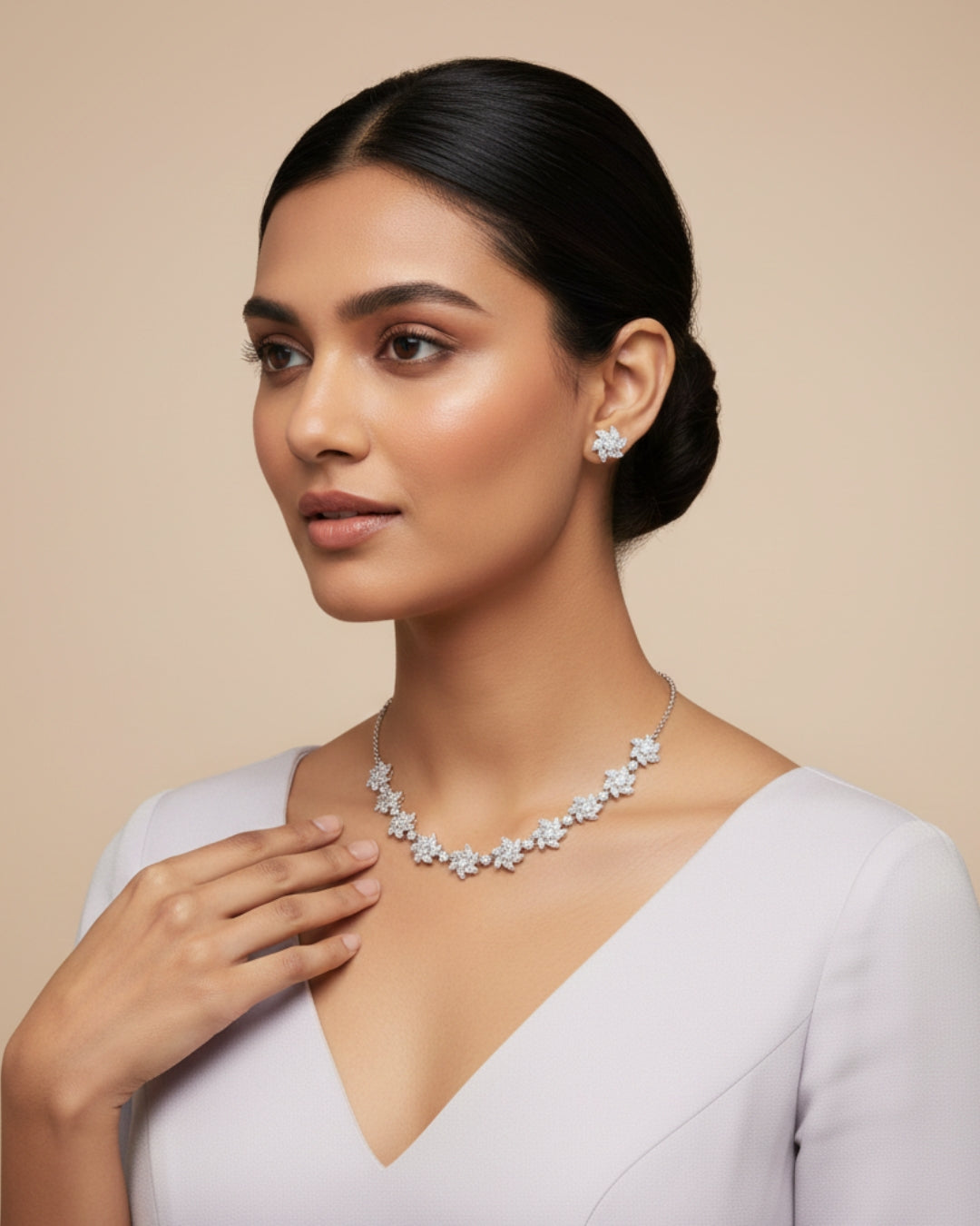 Sparkling Floral American Diamond Necklace & Earrings Set