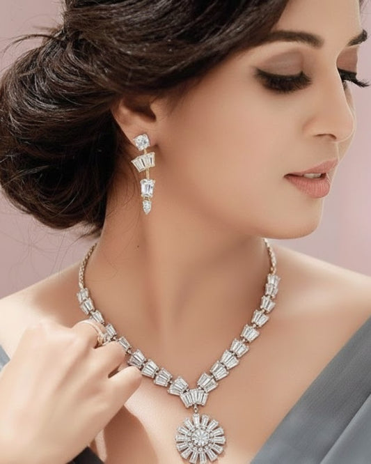 Floral American Diamond Necklace & Earring Set for Women