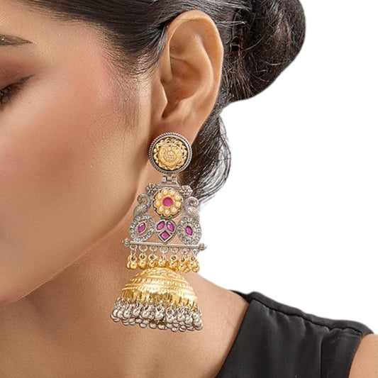 Handcrafted Dual - Tone Temple Jhumka Earrings with Pearls & Pink Stones - Auraa Trends - Earrings -  - Auraa Trends - "Handcrafted gold and silver dual - tone temple jhumka earrings with pink stones and pearl drops"
