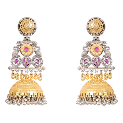 Handcrafted Dual - Tone Temple Jhumka Earrings with Pearls & Pink Stones - Auraa Trends - Earrings -  - Auraa Trends - "Handcrafted gold and silver dual - tone temple jhumka earrings with pink stones and pearl drops"