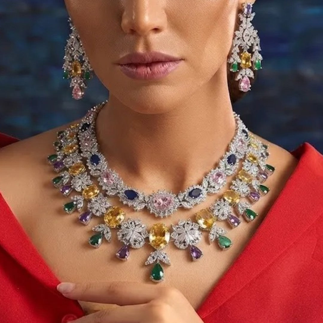 Luxury Multicolor American Diamond Choker Necklace Set with Earrings for Women Rhodium Plated Bridal Wedding Jewelry