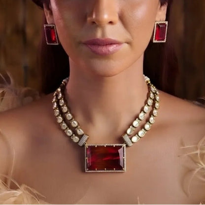 Red Crystal Pendant Necklace Set with Earrings Gold Plated Statement