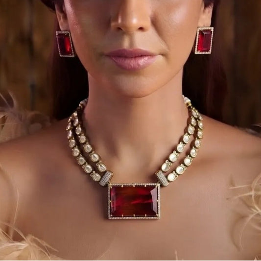 Red Crystal Pendant Necklace Set with Earrings Gold Plated Statement