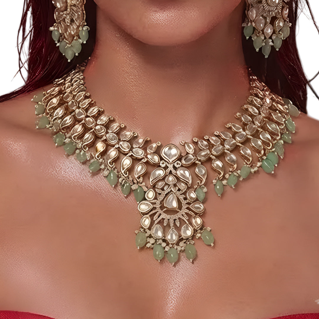 Mint green Kundan necklace set with white stones and matching earrings