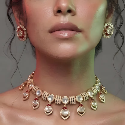Pink Kundan Necklace Set with Floral Stud Earrings