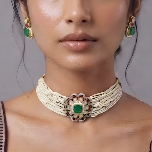 Kundan Pearl Choker Set with Green Stone Earrings