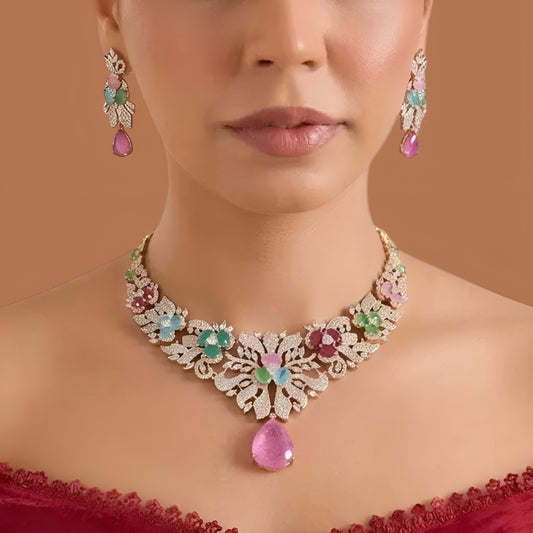 Rose gold plated American diamond necklace set with multicolour pastel flower stones, pink teardrop pendant and matching earrings