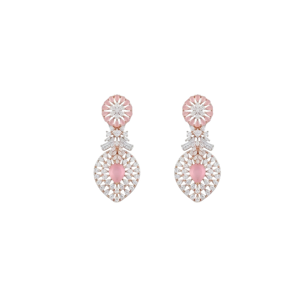 Rose gold plated pink American diamond necklace set with knot design, pink pear drop pendant and matching earrings