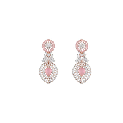 Rose gold plated pink American diamond necklace set with knot design, pink pear drop pendant and matching earrings