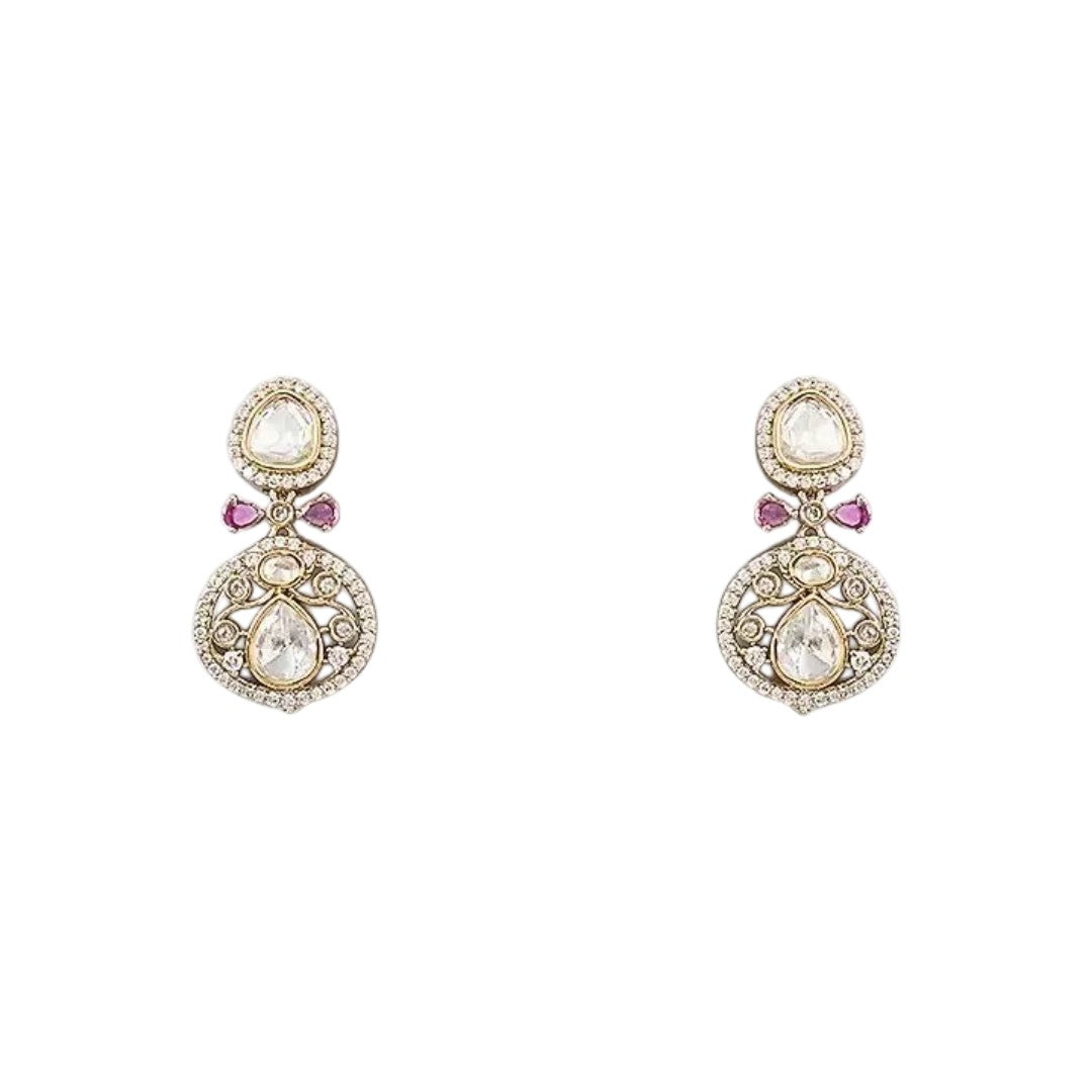 Antique gold finish Victorian kundan necklace set with polki-style medallions, ruby pink stone clusters, zircon halos and matching drop earrings – Auraa Trends