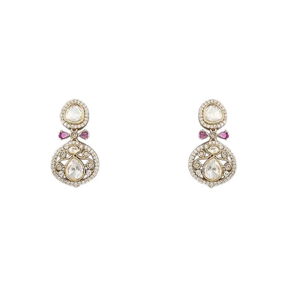 Antique gold finish Victorian kundan necklace set with polki-style medallions, ruby pink stone clusters, zircon halos and matching drop earrings – Auraa Trends