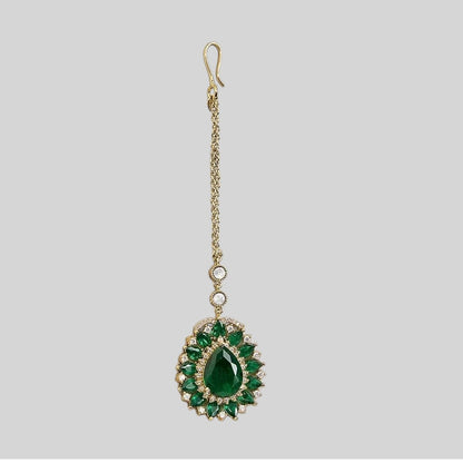 Gold finish American diamond maang tikka with emerald green pear centre stone, green marquise floral border, zircon accents and delicate chain – Auraa Trends