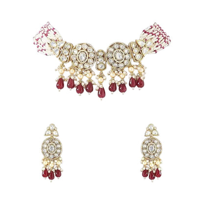 Kundan choker necklace with two round medallions, ruby-red teardrop beads and white pink beaded strands, shown with matching earrings