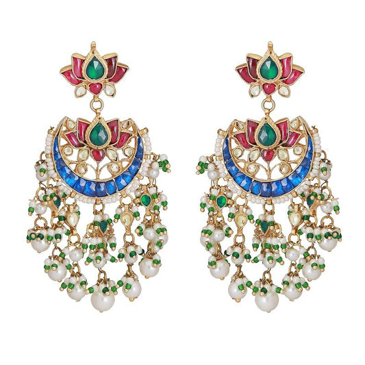 Bedazzling Kundan Chaandbali with Blue and Pink Semi Precious Embelishments