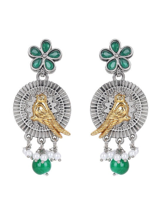 Oxidised silver-tone necklace set with gold-tone bird motifs, green enamel flowers, green bead drops, and matching earrings