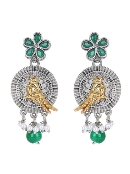 Oxidised silver-tone necklace set with gold-tone bird motifs, green enamel flowers, green bead drops, and matching earrings