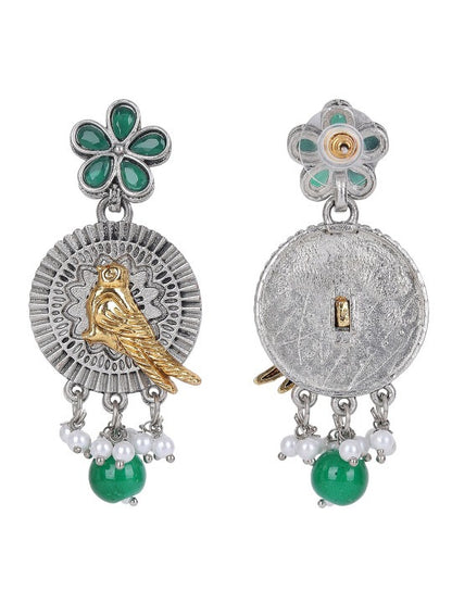 Oxidised silver-tone necklace set with gold-tone bird motifs, green enamel flowers, green bead drops, and matching earrings
