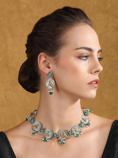 Oxidised silver-tone necklace set with gold-tone bird motifs, green enamel flowers, green bead drops, and matching earrings