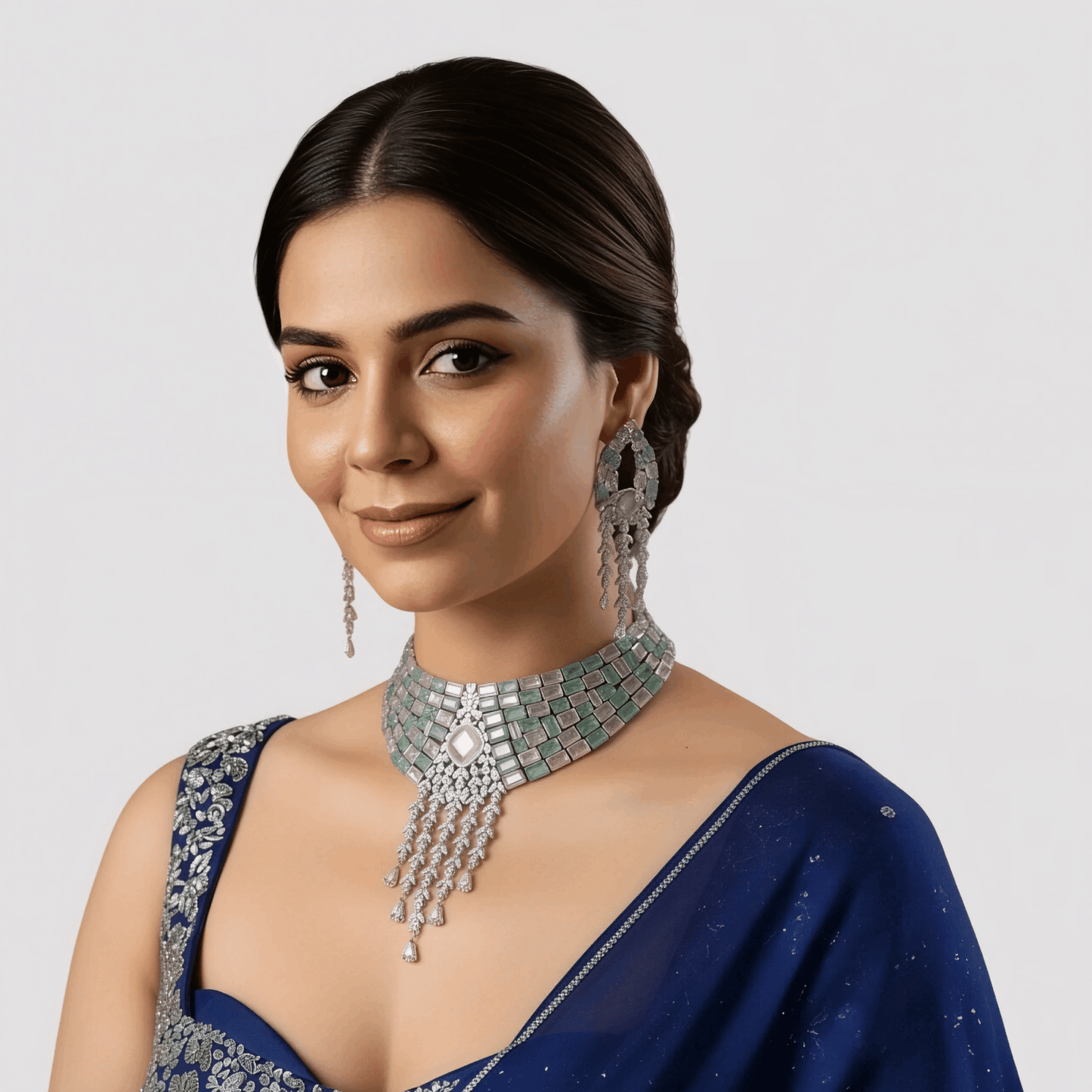 Pastel Green & Pink Stone Studded Silver Polish Choker Necklace Set with Earrings